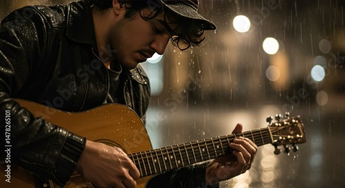 Man playing acoustic guitar in the rain at night