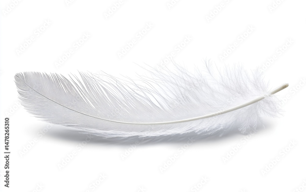 Obraz premium Single white feather, lying on a plain white background
