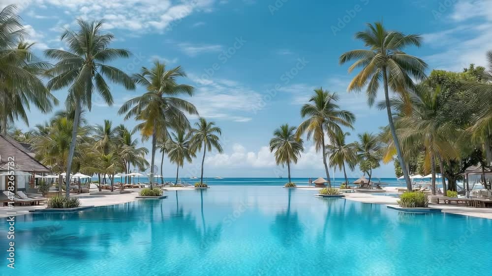 Luxury tropical resort pool surrounded by palm trees with ocean view under bright blue sky and sunlight Luxury tropical resort pool surrounded by palm trees with ocean view under bright blue sky and sunlight