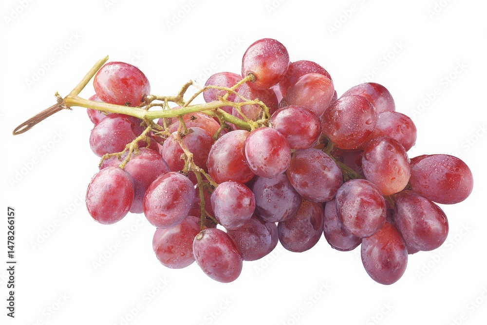 Fototapeta premium A bunch of red grapes glistening with moisture, isolated on a white background.