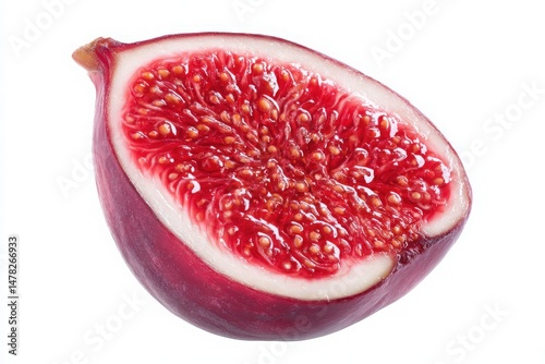 A vibrant half of a ripe fig displays its juicy pink-red interior filled with tiny seeds. Its smooth, deep purple skin contrasts beautifully with the sweet pulp, inviting taste. photo