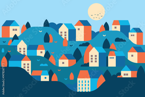 Flat illustration vector in bright colors. Geometric house background design