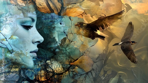 Abstract Portrait with Birds in Flight photo