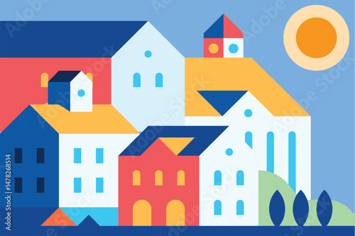 Flat illustration vector in bright colors. Geometric house background design