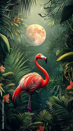 Pink flamingo in lush tropical jungle under a full moon
