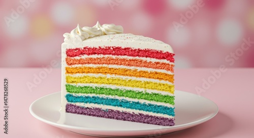 Rainbow layer cake slice on plate