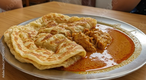 Roti canai and curry overhead closeup of delicious south asian dish