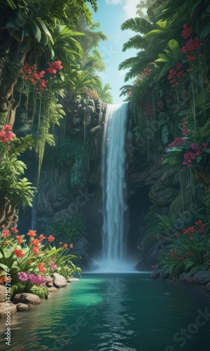 Emerald waterfall cascades through vibrant tropical blooms ,  rainforest,  nature