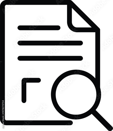 Document search icon vector with magnifying glass and paper file symbol, black outline of data review and analysis tool
