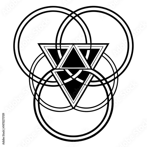 Geometric Line Art Composition Featuring Overlapping Circles and Triangles, Conveying Harmony, Balance, and Interconnectedness for Spiritual or Meditative Art Prints.
