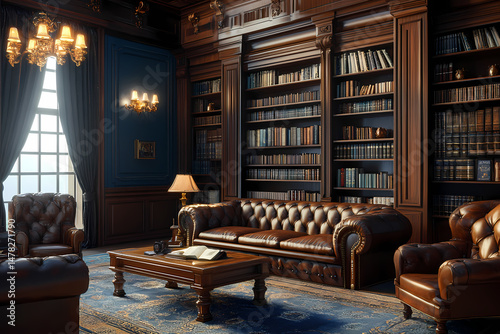 Library of Wisdom: Immerse yourself in the opulent ambiance of a classic library, where rows of leather-bound books line towering shelves, inviting exploration and intellectual pursuit. Plush seating.