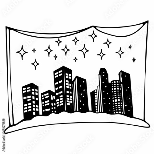 Contemporary Line Art of a City Skyline at Night with Stars, Creating a Dreamy Atmosphere, Representing Urban Life and Ambition for Real Estate Marketing.