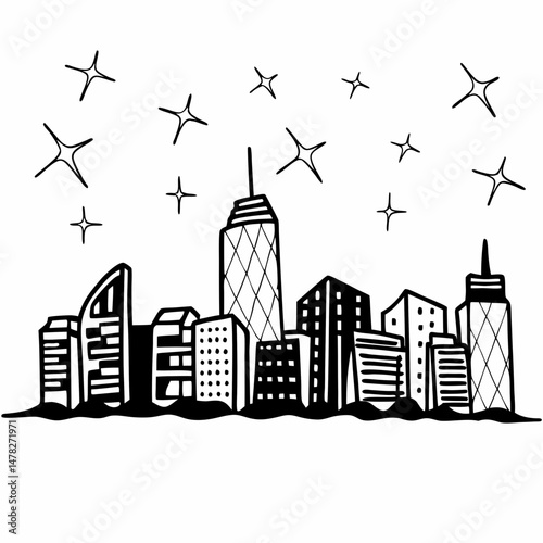 Contemporary Line Art of a City Skyline at Night with Stars, Creating a Dreamy Atmosphere, Representing Urban Life and Ambition for Real Estate Marketing.