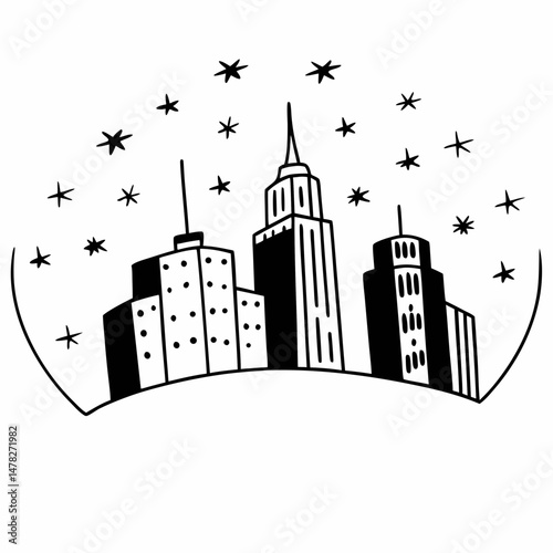 Contemporary Line Art of a City Skyline at Night with Stars, Creating a Dreamy Atmosphere, Representing Urban Life and Ambition for Real Estate Marketing.