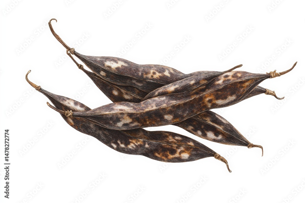 Fototapeta premium Dried seed pods with mottled brown and black coloring, isolated on white.