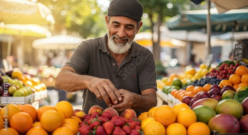 Smiling man selling fresh fruit at vibrant market stall