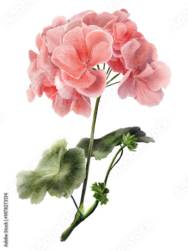 Pink geranium flower stem with green leaves, watercolor illustration, isolated on transparent background