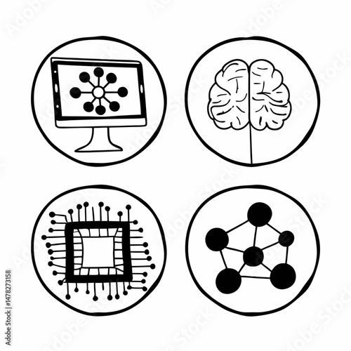 Thin Line Vector Icon Set for Data Mining, Machine Learning, and AI, Suitable for Website and App Design.