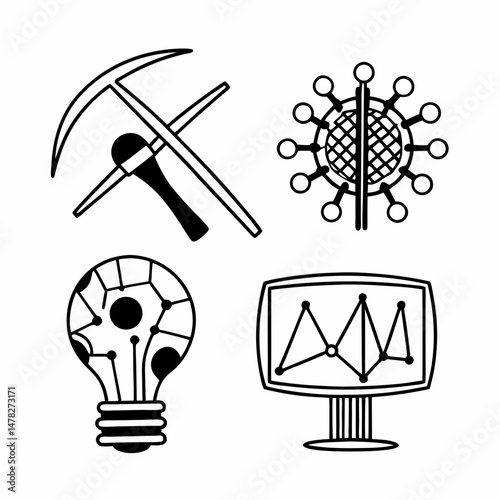 Thin Line Vector Icon Set for Data Mining, Machine Learning, and AI, Suitable for Website and App Design.