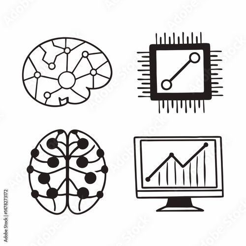 Thin Line Vector Icon Set for Data Mining, Machine Learning, and AI, Suitable for Website and App Design.