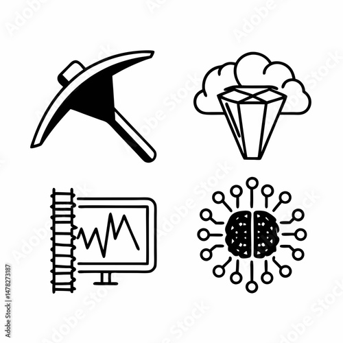 Thin Line Vector Icon Set for Data Mining, Machine Learning, and AI, Suitable for Website and App Design.