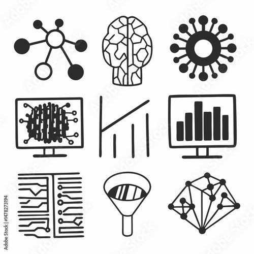 Thin Line Vector Icon Set for Data Mining, Machine Learning, and AI, Suitable for Website and App Design.