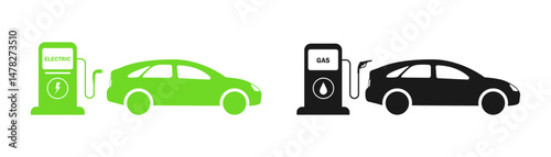 Gasoline car and electric car at the refueling station . Car charging at the charger station. Eco car . Auto refueling petrol at the gas station. ecology transport concept vector illustration