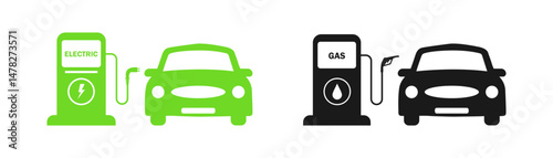Gasoline car and electric car at the refueling station . Car charging at the charger station. Eco car . Auto refueling petrol at the gas station. ecology transport concept vector illustration
