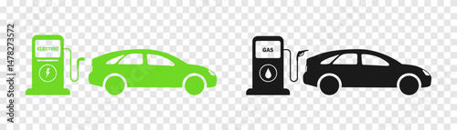 Gasoline car and electric car at the refueling station . Car charging at the charger station. Eco car . Auto refueling petrol at the gas station. ecology transport concept vector illustration