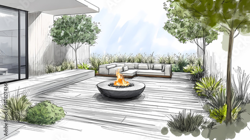 Urban Oasis: A meticulously crafted architectural rendering presents an inviting outdoor living space. A modern fire pit anchors the scene, embraced by lush greenery and sleek, contemporary design.
