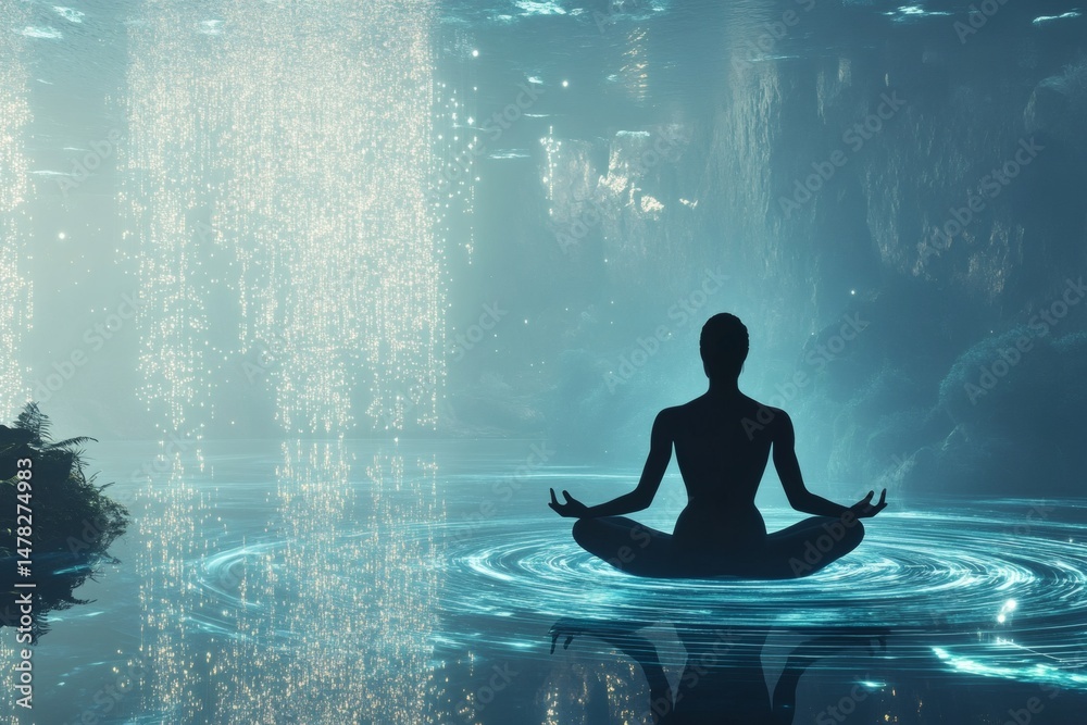 A person meditating in water, silhouette, symbolizing peace and tranquility A person meditating in water, silhouette, symbolizing peace and tranquility