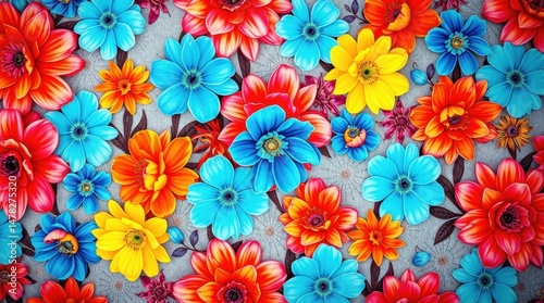 Colorful Blooming Flowers Pattern with Bright Petals