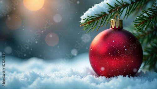 Sparkly red Christmas ball ornament hanging on a snowy pine branch , winter, christmas, holiday cheer