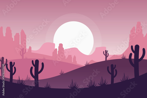 Sunset background. Silhouettes of tall palm trees against the backdrop of hills and mountains in the rays of a beautiful summer sunset. Natural landscape