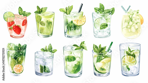 Refreshing Mint Cocktails Illustration: A collection of watercolor illustrations depicting refreshing mint cocktails, showcasing various combinations of lime, mint leaves, ice cubes.