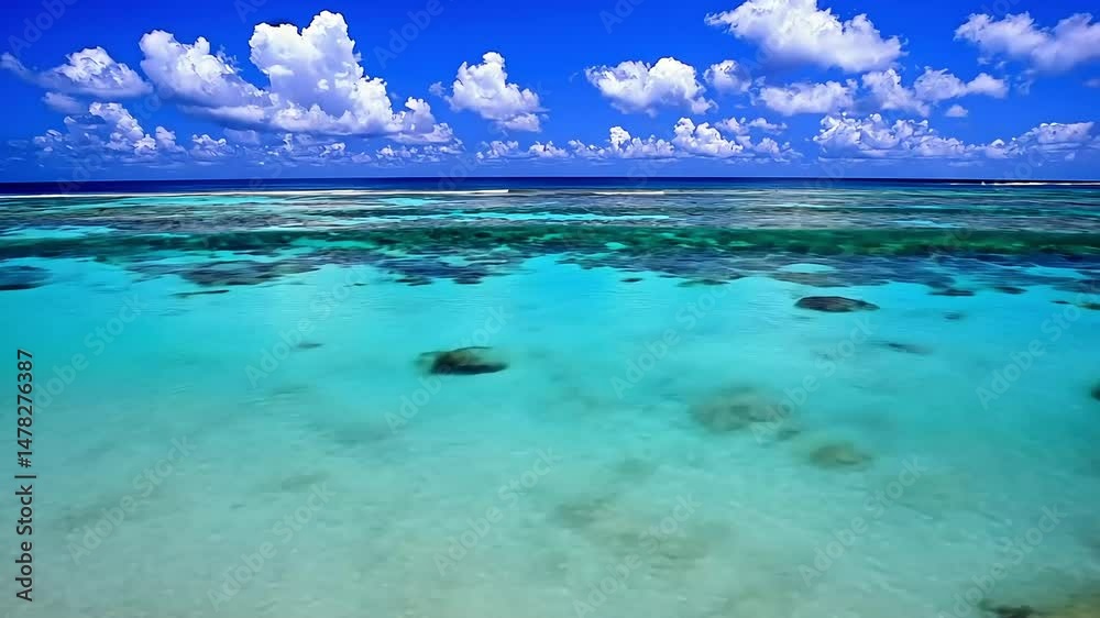 Tranquil turquoise shallows meet vibrant coral reef under a brilliant blue sky dotted with fluffy white clouds