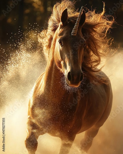 Unicorn Majestic equine with a horn runs in dust, illuminated by golden light