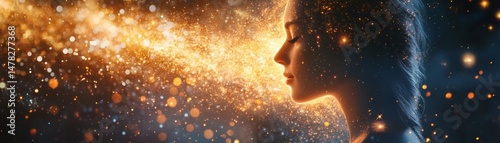 A woman with her eyes closed, surrounded by glowing particles. The particles are forming the shape of a flame, implying the woman's inner strength and resilience. Her profile is highlighted.