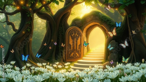 Magical Forest Gateway with Butterflies and Blooming Flowers