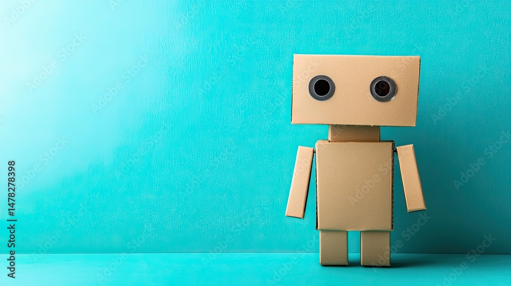 Cardboard Robot Character On Turquoise Background. Concept Of Children Playing And Creative Activities. Copy Space For Text. Cardboard Robot Character On Turquoise Background. Concept Of Children Playing And Creative Activities. Copy Space For Text.