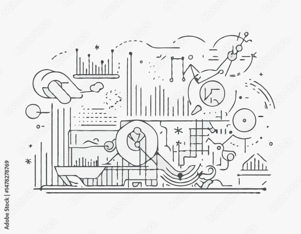 AI Data Analysis Line Art Icon, Charts, Graphs, and Futuristic Interface Elements, for Business Intelligence, Machine Learning, and Data Visualization.
