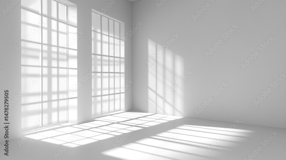 Fototapeta premium Sunlight streams through large windows in a minimalist white room, casting shadows on the floor.