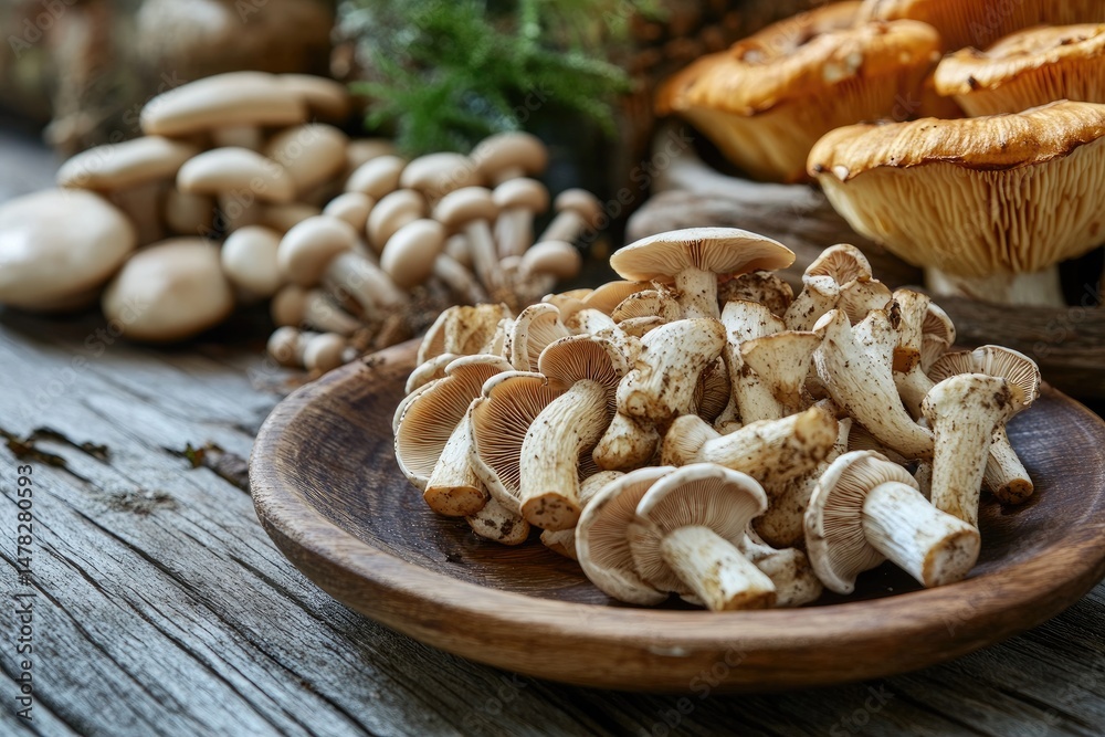 Fresh mushrooms on wooden plate Fresh mushrooms on wooden plate