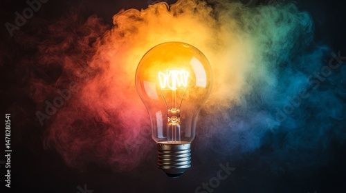 Illuminating Inspiration: A vintage incandescent light bulb radiates a warm glow, encircled by a swirling, ethereal cloud of vibrant, multicolored smoke.