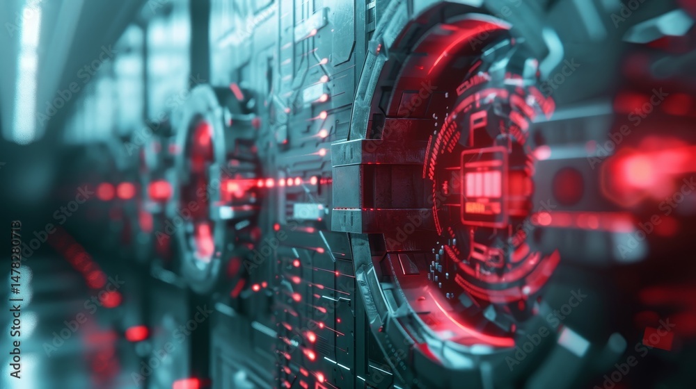 futuristic AI vault scanning digital currency for fraud red and gray on vault . futuristic AI vault scanning digital currency for fraud red and gray on vault .