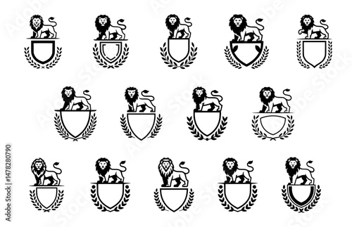 Collection of heraldic lion shield emblems with laurel wreaths for luxury branding, royal insignia, and premium product logos