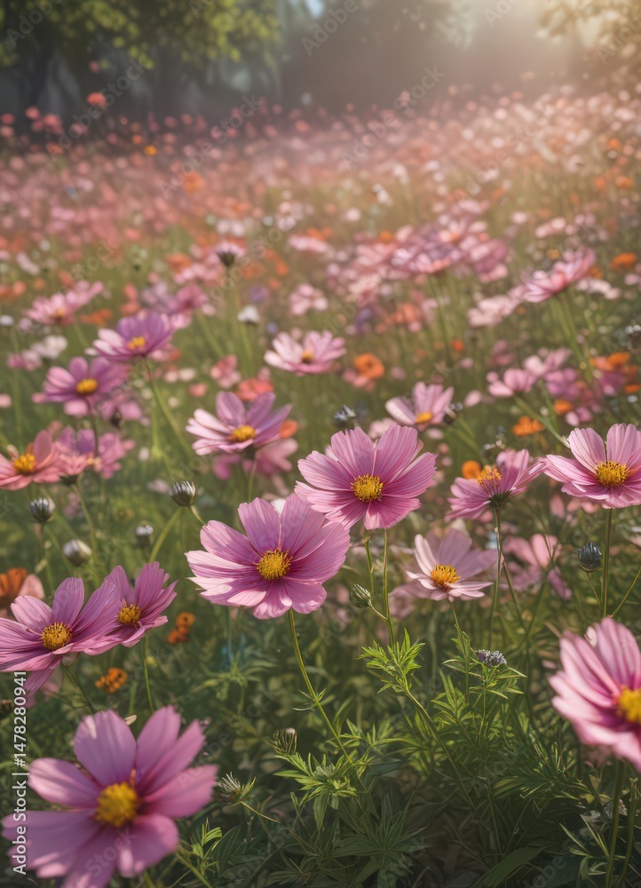 Obraz premium Delicate cosmos blossoms, vibrant petals, lush garden , texture, macro