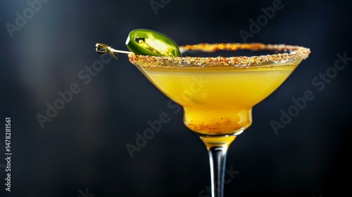 A vibrant spicy margarita cocktail with a chili powder rim and a zesty jalapeo kick, perfect for a bold sip.