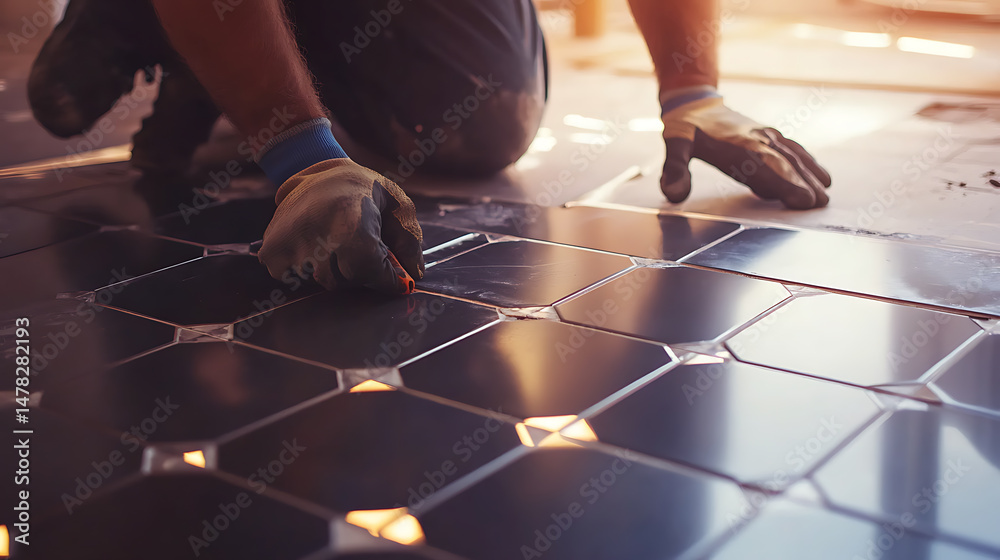 Obraz premium Worker Installing Black Ceramic Tiles on Floor