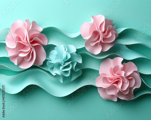Floral Arrangement Pink and teal flowers with wavy ribbons, top view, pastel tone